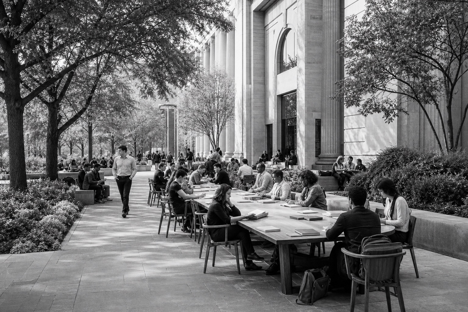 A broad public courtyard where people gather around a long communal table to read and exchange ideas